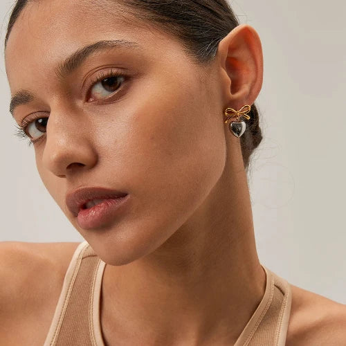 Silver and Gold Bow Heart Earrings