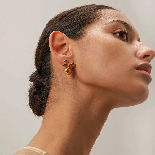Gold Bow Heart Earrings