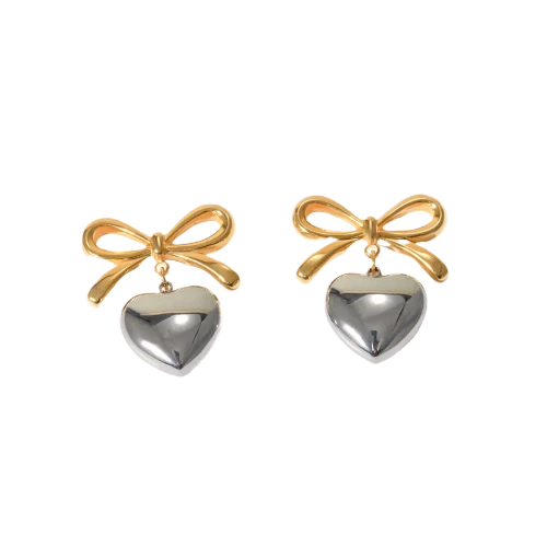 Silver and Gold Bow Heart Earrings