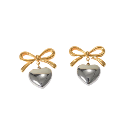 Silver and Gold Bow Heart Earrings