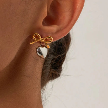 Silver and Gold Bow Heart Earrings