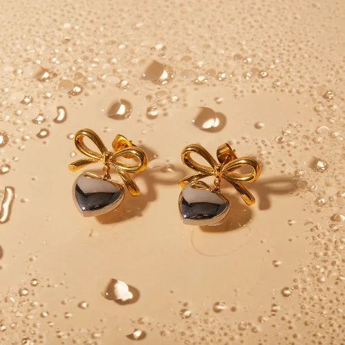 Silver and Gold Bow Heart Earrings